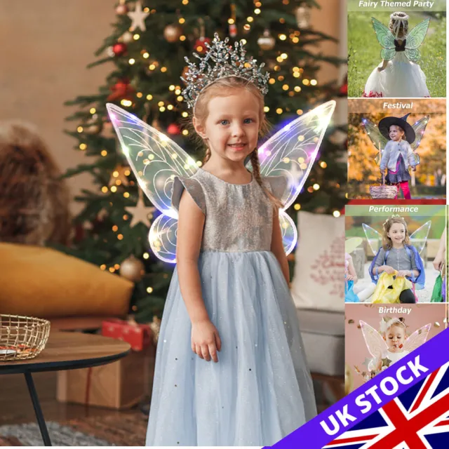 Girls LED Light Up Butterfly Wings Angel Fairy Princess Costume Sparkle Glowing