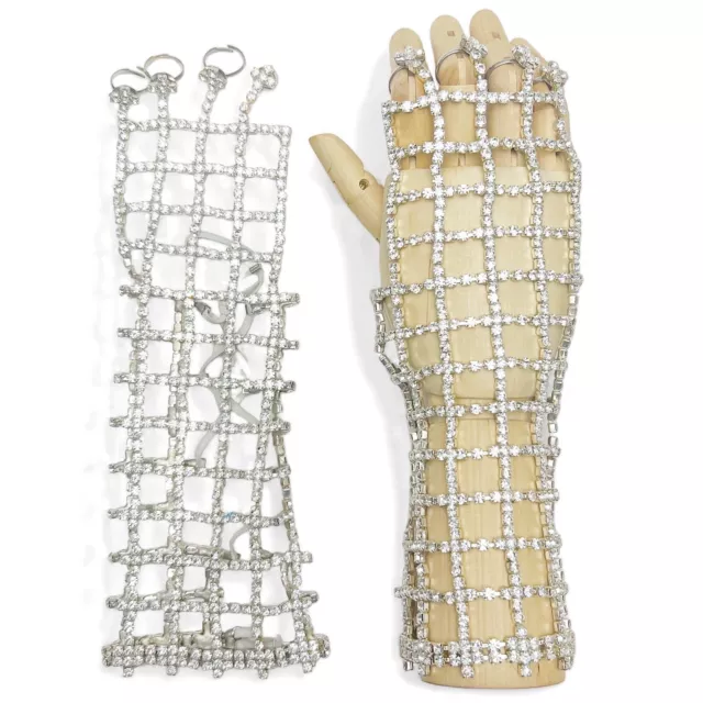 Vintage Pair Of Clear Rhinestone Caged Hand Gloves Ring Arm Sleeves