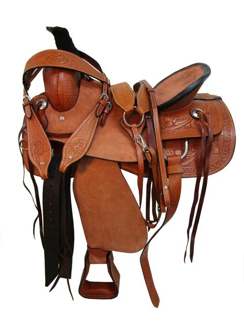 Used Hard Seat Rough Out Western Horse Saddle Leather Basket Weave Floral Tooled