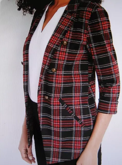 Maurices Women's Red/Black Plaid Triple Button 3/4 Sleeve Blazer ~S ~