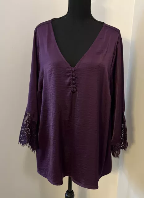 Torrid Button Tunic Pullover 3/4 Lace Sleeve Blouse Satin Purple Sz 3X