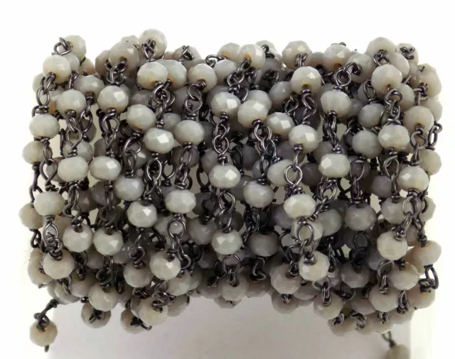 Gray Chalcedony Rondelle Faceted 3-4mm Beads, Rosary Chain Black Wire 6 Feet