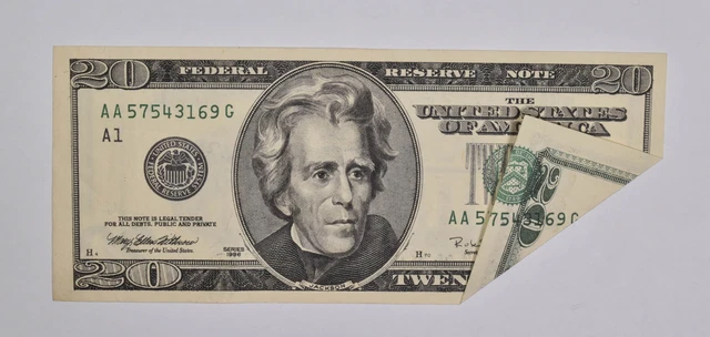 1996 $20 United States Federal Reserve Note Green Seal Folded Print Error *5434