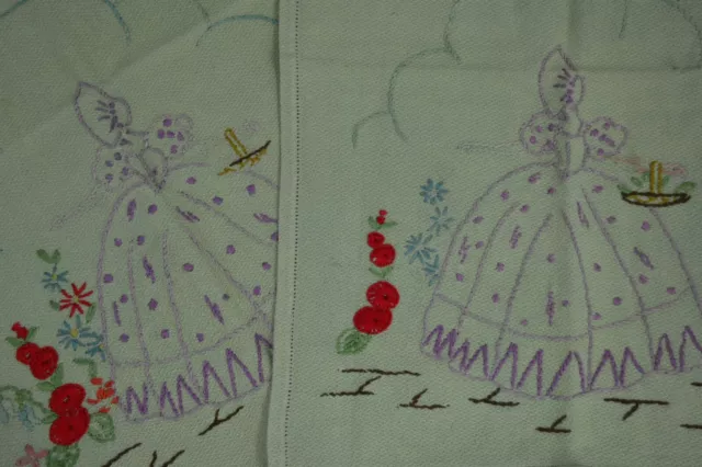 VINTAGE 1930s pair of green crinoline lady embroidered hand towels