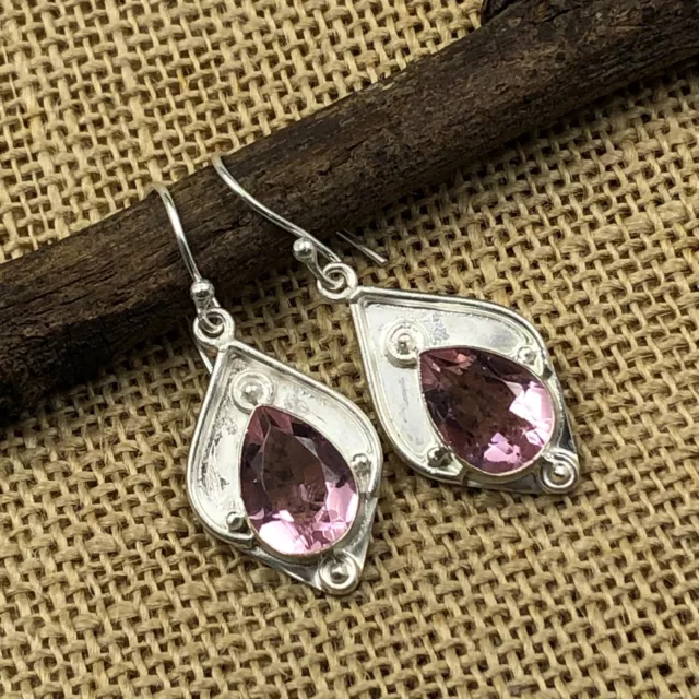 Natural Kunzite Gemstone Drop/Dangle Pink Earrings 925 Sterling Silver Jewelry