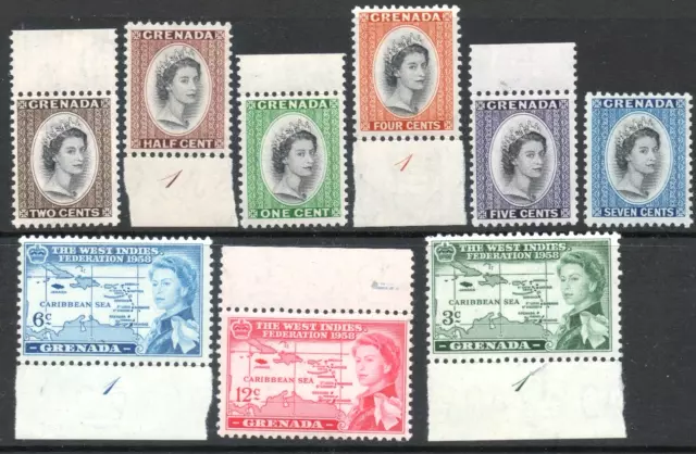 Grenada 1958-59 QEII part set of 6 to 7c plus Caribbean Federation set of 3 MNH