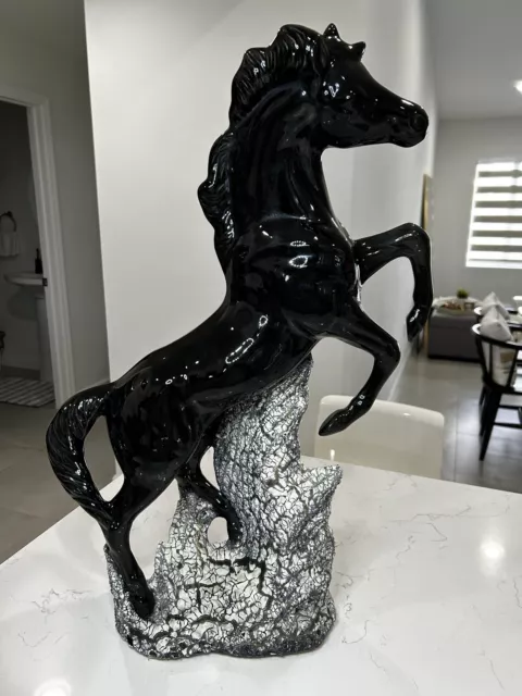 Large Ceramic Black Stallion Horse Rearing Statue 25" tall VTG MCM