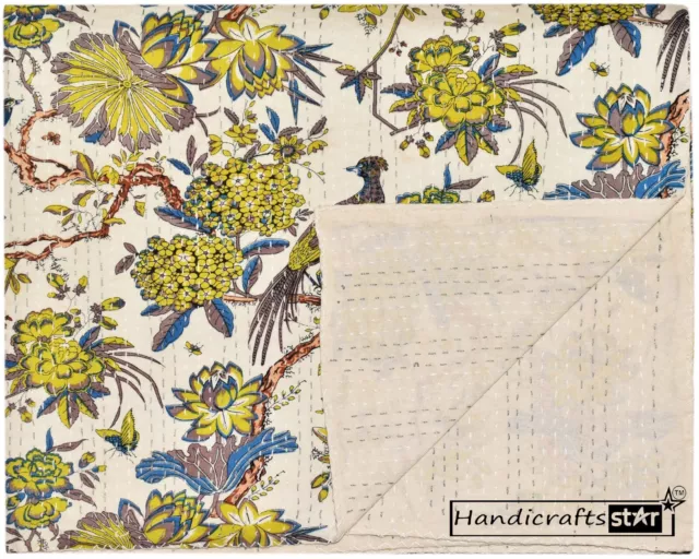 King Size Bedcover Handmade Throw Indian Ralli Bird Print Cotton Kantha Quilt
