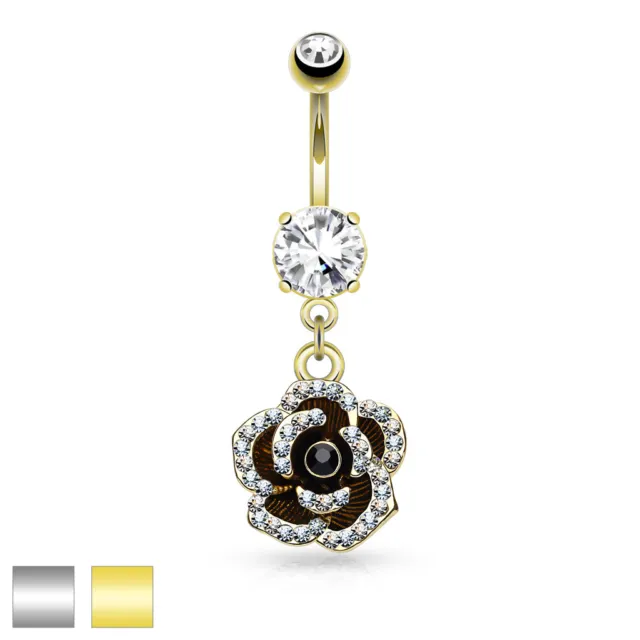 CZ Set Flower Dangle 14K Gold Plated Surgical Steel Navel Belly Button Ring 14g