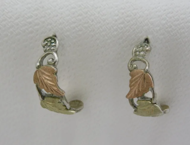 Vintage Sterling Silver Half Hoop Earrings abt 1" Black Hills Gold leaf Pierced