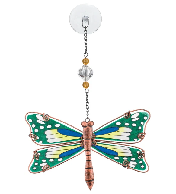 Dragonfly Hand Painted Glass Suncatcher NEW green stained garden summer metal