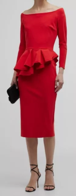 $695 Chiara Boni Women's Red Deirdrelene Off-Shoulder Peplum Sheath Dress Size 2