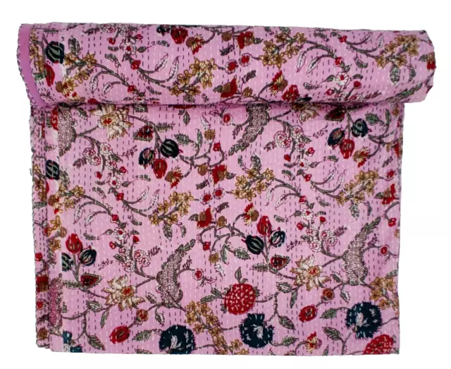 Colcha Kantha de algodón indio, tamaño Queen, con estampado floral, color rosa