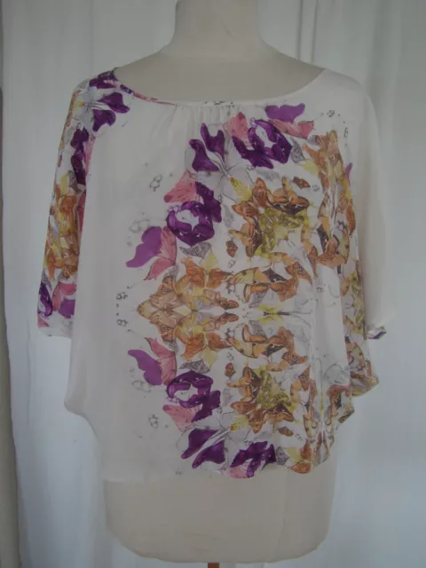 Warehouse Silk Ivory Pinks/Orange/Purple Butterfly Kimono Top Size 12