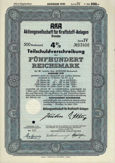 AKA AG für Kraftstoff-Anlagen, Dresden, 4% Teilschuldv., 1941 Serie IV (500 RM)