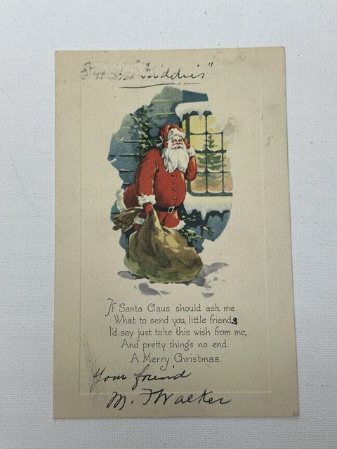 Antique Christmas Postcard ~Vintage Santa Postcard ~ A Merry Christmas ~ Writing