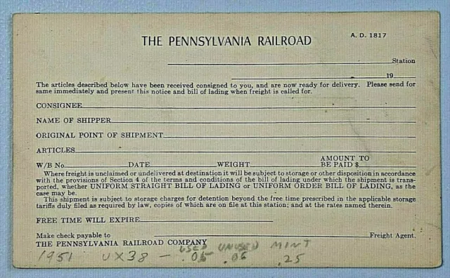 THE PENNSYLVANIA RAILROAD Bill of Landing Freight Postcard 7404