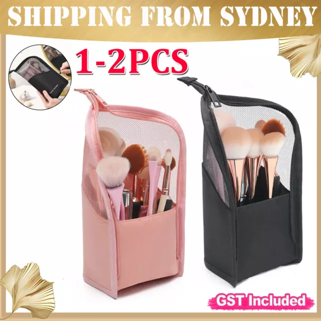 Stand Cosmetic Bag Travel Zipper Makeup Brush Mesh Visible Organizer Pouch Case