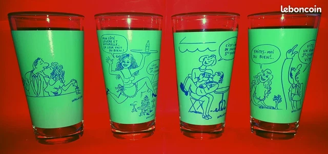 Série verte de 4 verres anciens eau  Vichy St Yorre illustrés par Wolinsky