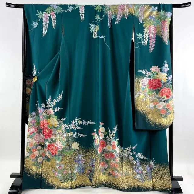 Japanese kimono SILK"FURISODE" long sleeves, Gold leaf, Hand-drawn,L5' 5.5".3236