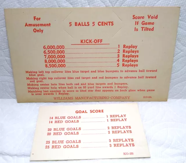 Kick Off Pinball Machine Game Original Instruction Replay Value Cards 1958 KO2A