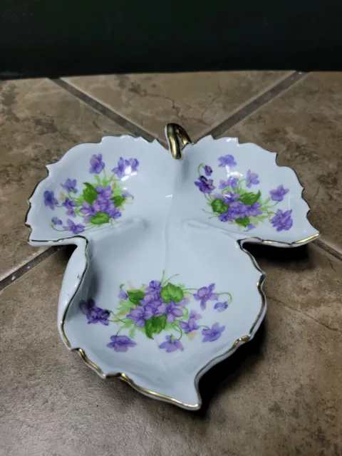 Ucagco Porcelain 3 Part Leaf, violets, Candy Trinket Dish, 22k Gold Trim, Japan