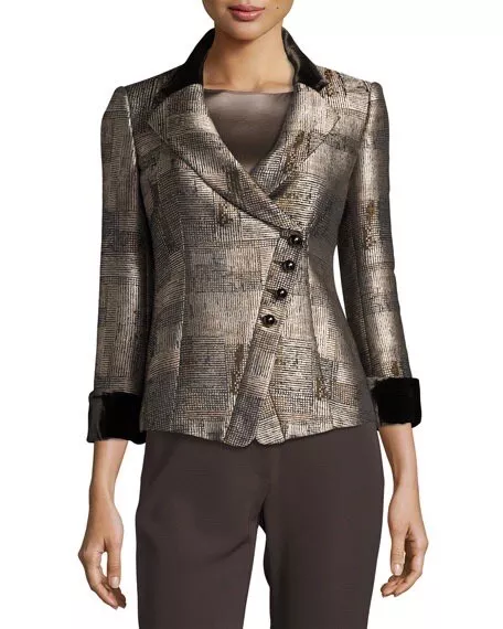 Armani Collezioni Jacquard Asymmetric-Button Jacket, Neutral Womens Size 10