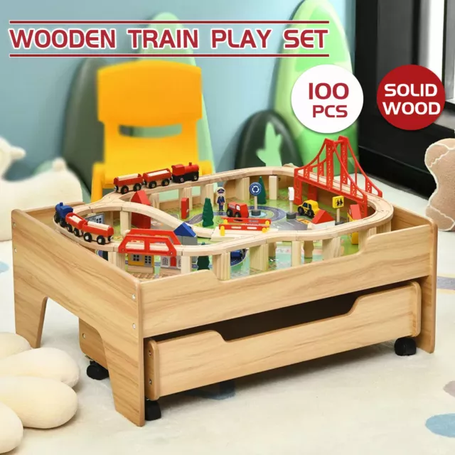 Wooden Railway Train Table Children Pretend Play Set Toy Kids Toddlers Thomas Dr