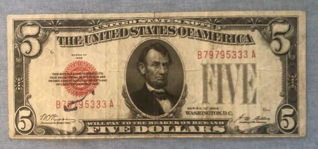 1928 plain $5 five dollars Red Seal United States Note FR-1525