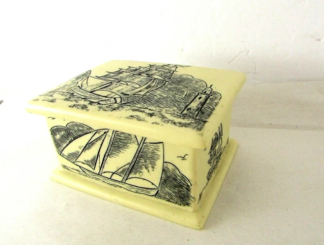 Ship Scrimshaw Bone Trinket Jewelry Box Antique Vintage Style Nautical Sailing