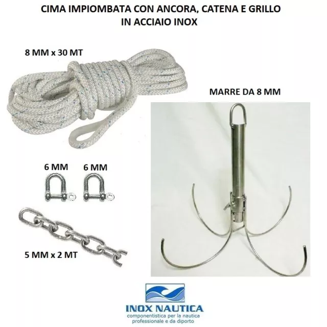 KIT ORMEGGIO CIMA BIANCA CON ANCORA A RAMPINO Ømm 8 CATENA E GRILLI INOX BARCA