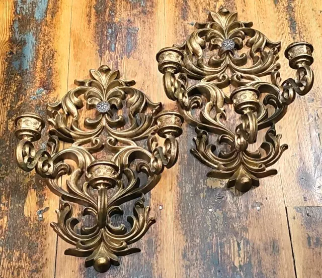 2 MCM Burwood Syroco Homco Style Gold CANDLE HOLDER SCONCE Hollywood Regency