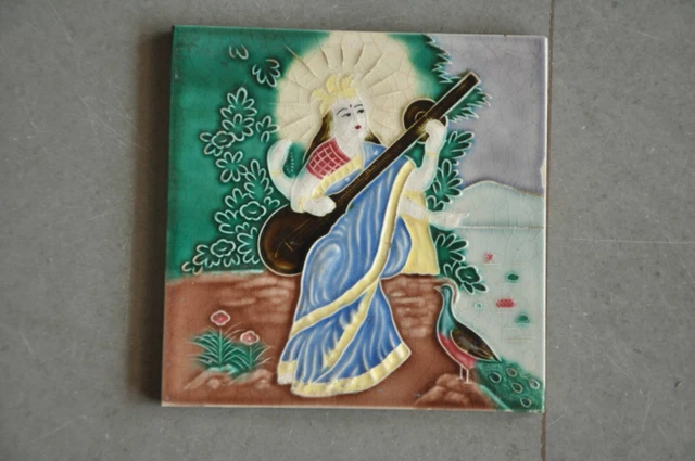 Vintage Fine Colorful Embossed Goddess Saraswati Ceramic Tile, Japan