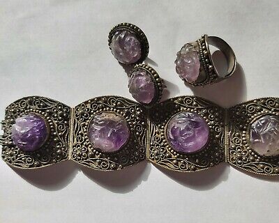 ANTIQUE CHINESE SET W/ CARVED AMETHYSTS - BRACELET, RING, EARRINGS. 1900s