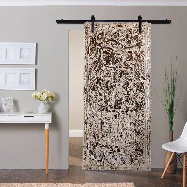 Boho Barn Door, Thousand Petal Lotus, Rustic Farmhouse Door, Whitewash Hanging