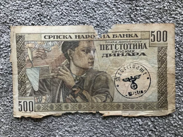 Serbien 500 Dinara Zweiter Weltkrieg Banknote Deutsche Nazi SS Besatzung 1941 - Original