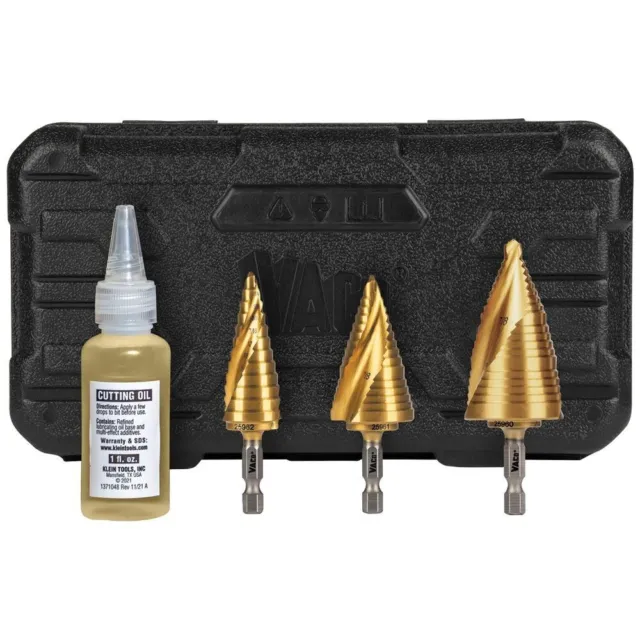 Klein Tools 25951 Step Bit Kit, Spiral Double-Fluted, VACO, 3-Piece