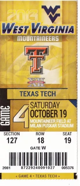 2013 West Virginia Vs Texas Tech Raiders College Football Ticket Stub 10/19 Tm