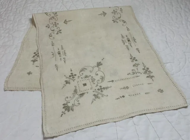 Vintage Dresser Scarf, Antique White & Beige, Scroll Embroidery, Linen