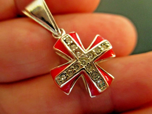 Sterling Silver & Red Enamel Jerusalem Crusaders Cross + Silver Chain 20''