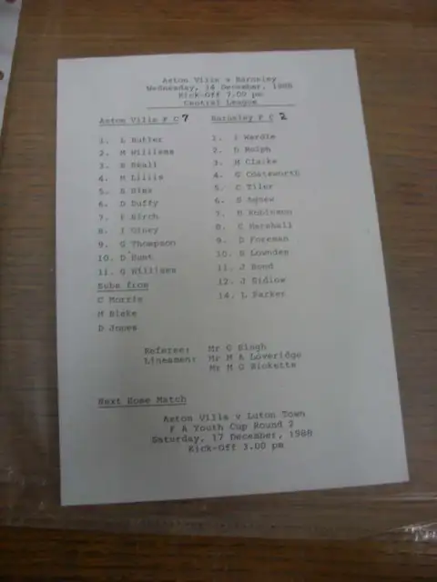 14/12/1988 Aston Villa Reserves v Barnsley Reserves [Central League] (A5 single