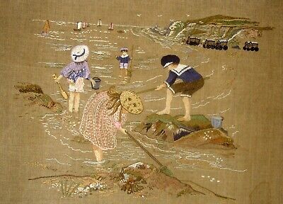 Cuadro de lino bordado a mano sin enmarcar niños victorianos en la playa junto al mar