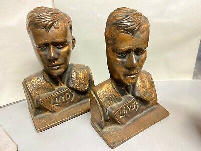 Vintage Charles Lindbergh Lindy Aviation Airplane Copper Bookends 7" Tall Verona