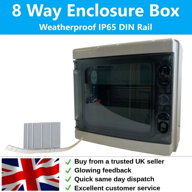 8 WAY CONSUMER Unit, DIN Rail Enclosure IP65 Weatherproof Box 8 Module