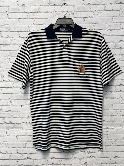 Polo Ralph Lauren Polo Shirt Men's Size L Navy Blue White Striped Crest Logo