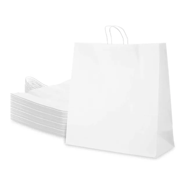 [50 COUNT] 10x5x15 inches Medium White Kraft Paper Bags with Handles,  Shopping, Gift Bags, Party, Retail, Merchandise, Lunch Bags, Grocery Bags