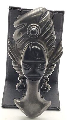 Vintage Old Mexico Black Onyx Tribal Curved Lady Woman Large Chunky Pin Brooch