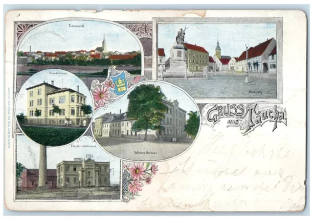 c1905 Greetings from Taucha Germany Multiview Antique Posted Postcard