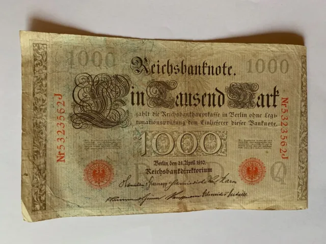 Reichsbanknoten / 1000 Mark / 21. April 1910 / Roter Stempel / Nr. 5323562 J