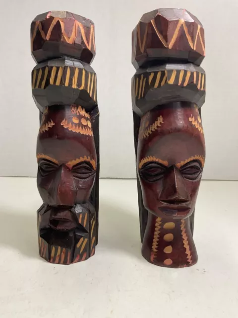 Pair 8”Genuine Hand Carved Wooden Jamaican Tiki Totem Head Figurines Decor